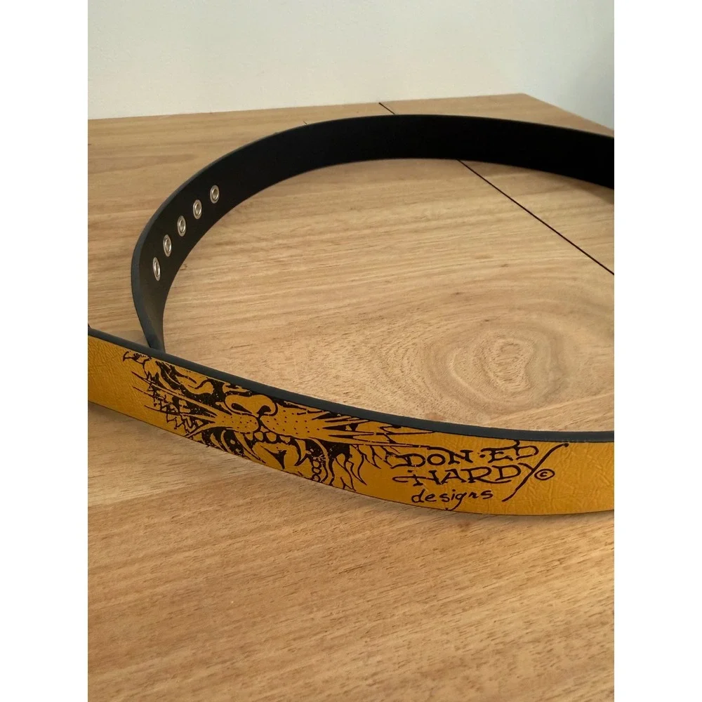 Ed Hardy Designs Mens Metallic Gold Tattoo Graphic Belt